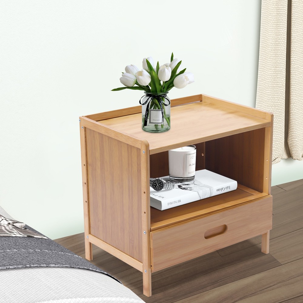 Bedside Table, Sofa Side Table, Wood Color Bedside Cabinet with Drawer
