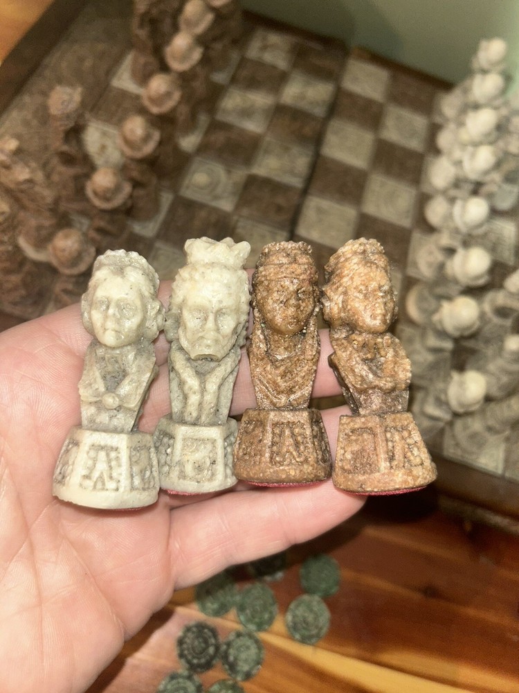 Vintage Unique Aztec Spanish Folding Chess Board Set Mexico Complete