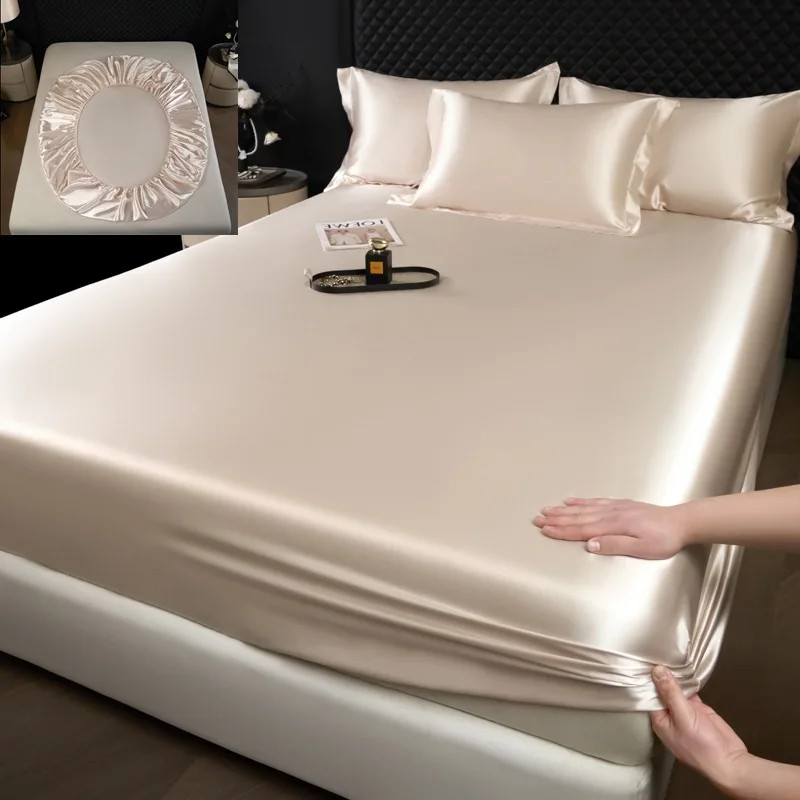 3 Pcs Bed Sheet Set with Pillowcase Luxury Solid Color Silk Fitted Sheet Soft