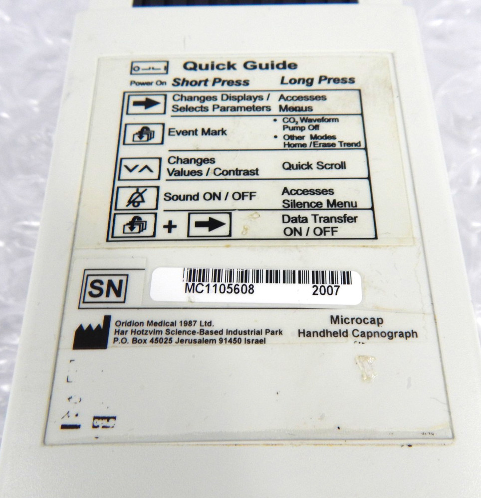 ORIDION MICROCAP HANDHELD CAPNOGRAPH S/N 608