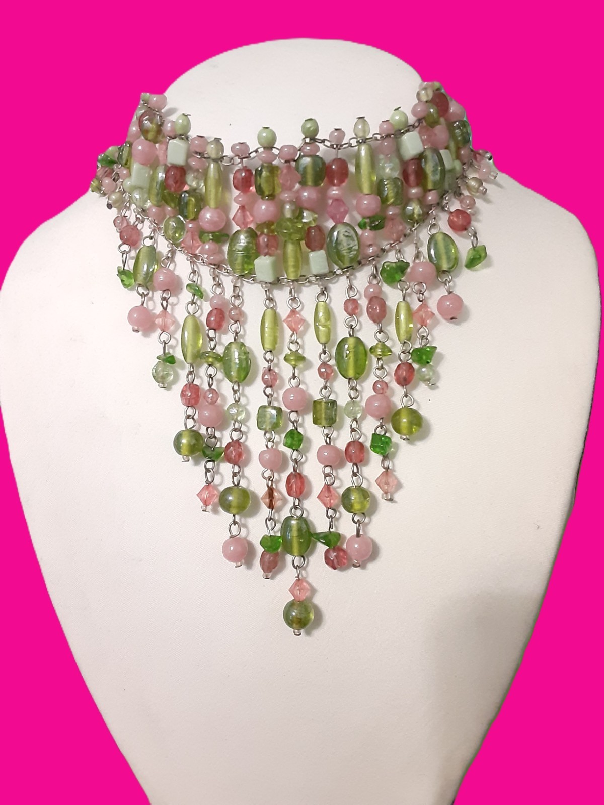 Vintage Artisan Made Cascading Tourmaline and Glass Bead Necklace