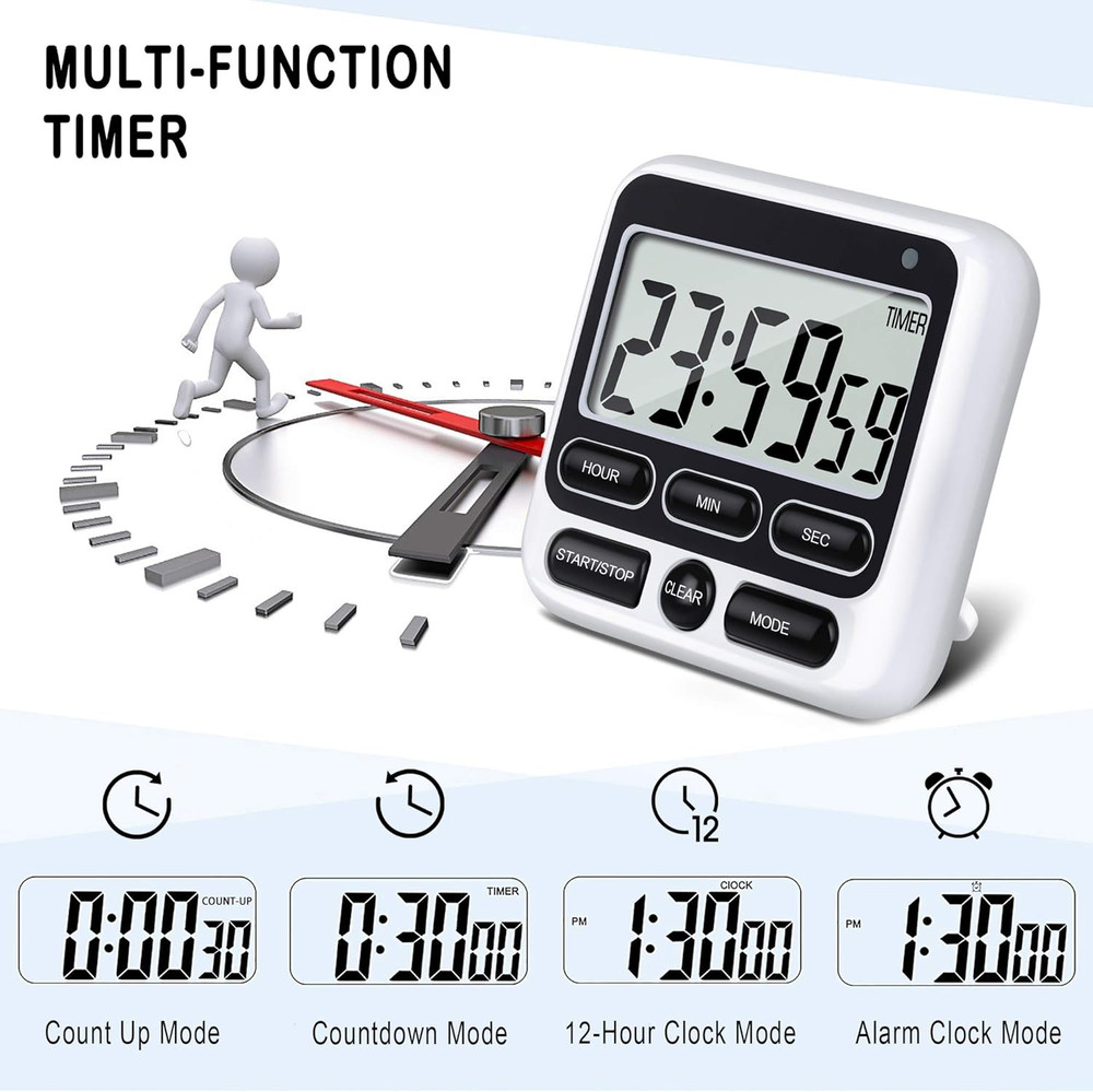 Digital Kitchen Timer with Mute/Loud Alarm Switch On/Off Switch, 12-Hour Clock &