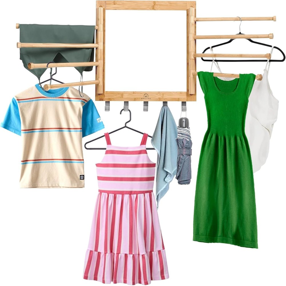 Bamboo Wall Mount Drying Rack for Laundry Collapsible Foldable Clothes Dryer