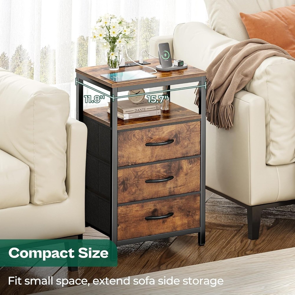 Stylish Bedside Table with Charging Outlet & Ample Storage - Rustic Brown Finish