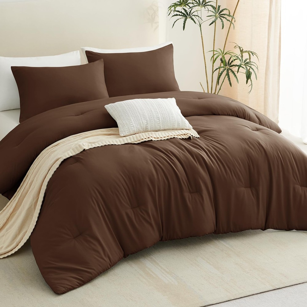 Queen Comforter Set Brown, 3 Pieces Solid Comforters Queen Size Breathable Qu...