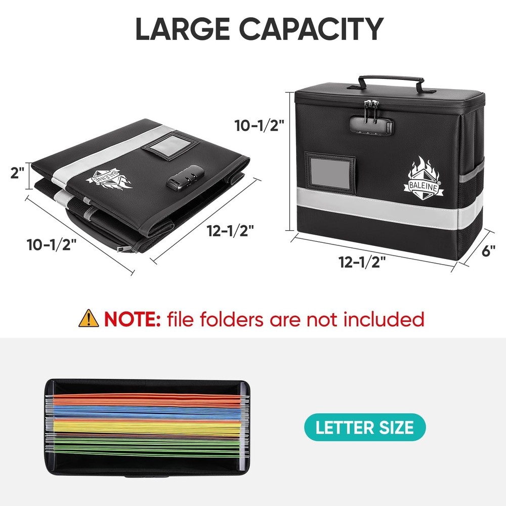 BALEINE Fireproof Document Box with Lock, Portable Fireproof Document Bag Waterp