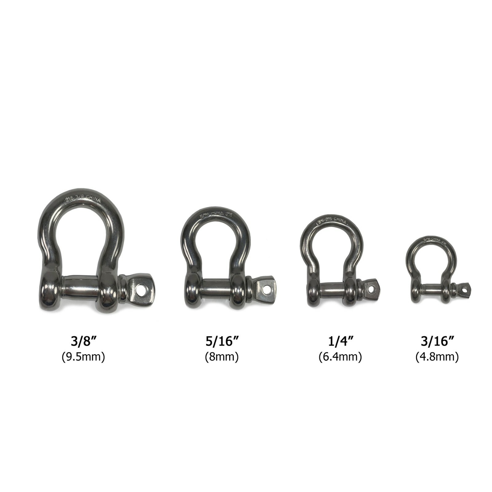 T-316 Stainless Steel Bow Shackle Marine Grade 3/16" to 3/8" Oversized Pin