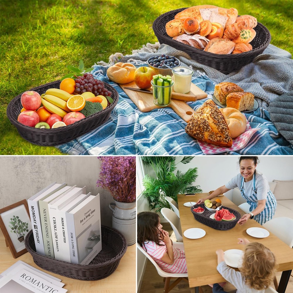4 Pack 15.7 Inch Oval Poly Wicker Baskets, Plastic Oval Wicker Baskets, Rusti...