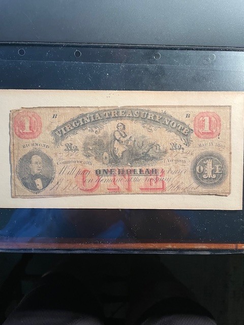 $1 1862 Richmond Virginia VA Obsolete Currency Treasury Bank Note Bill