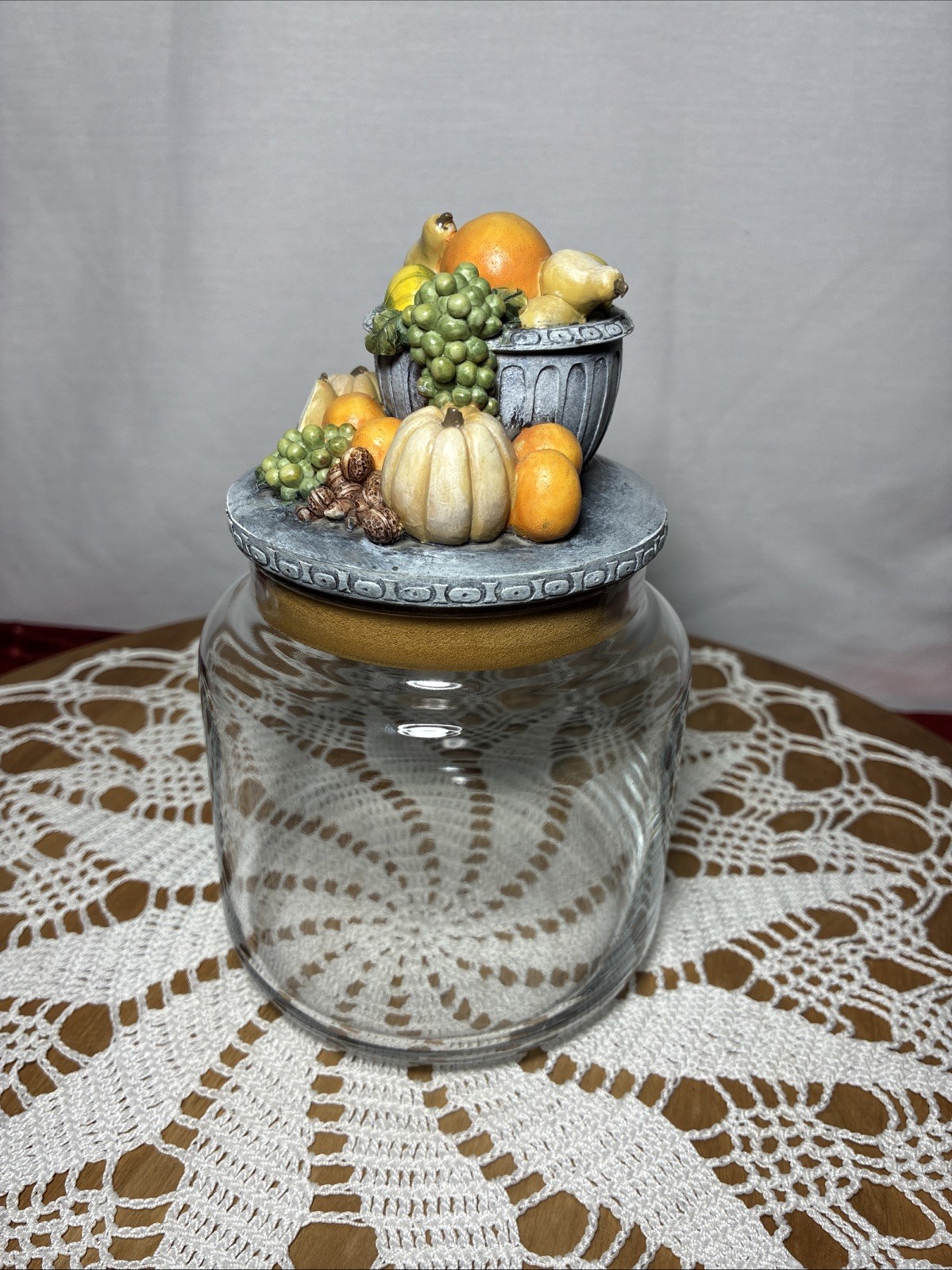 Empty Candle Jar. Fall Harvest Decorative Top Storage. Clear Glass