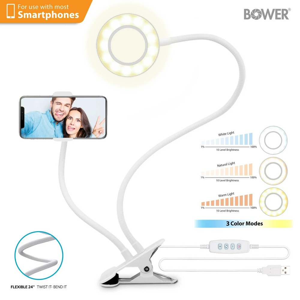 Bower 24-Inch Flexible LED Ring Light Desk clip - Multiple Brightness Settings