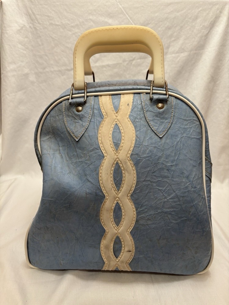 Gladding Vintage Light Blue Bowling Bag Naugahyde Metal Rack Inside