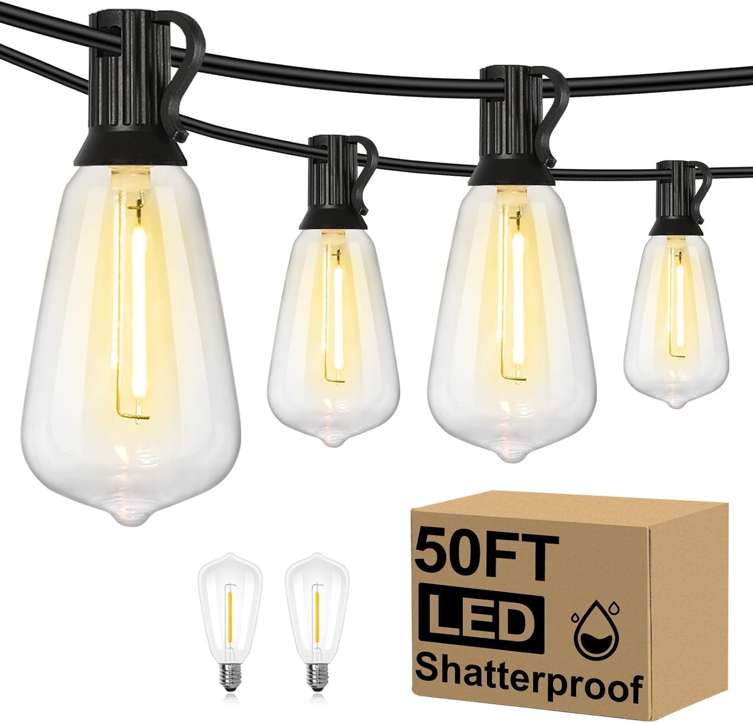 100FT Outdoor LED String Lights Patio Lights, ST38 Shatterproof 2700K