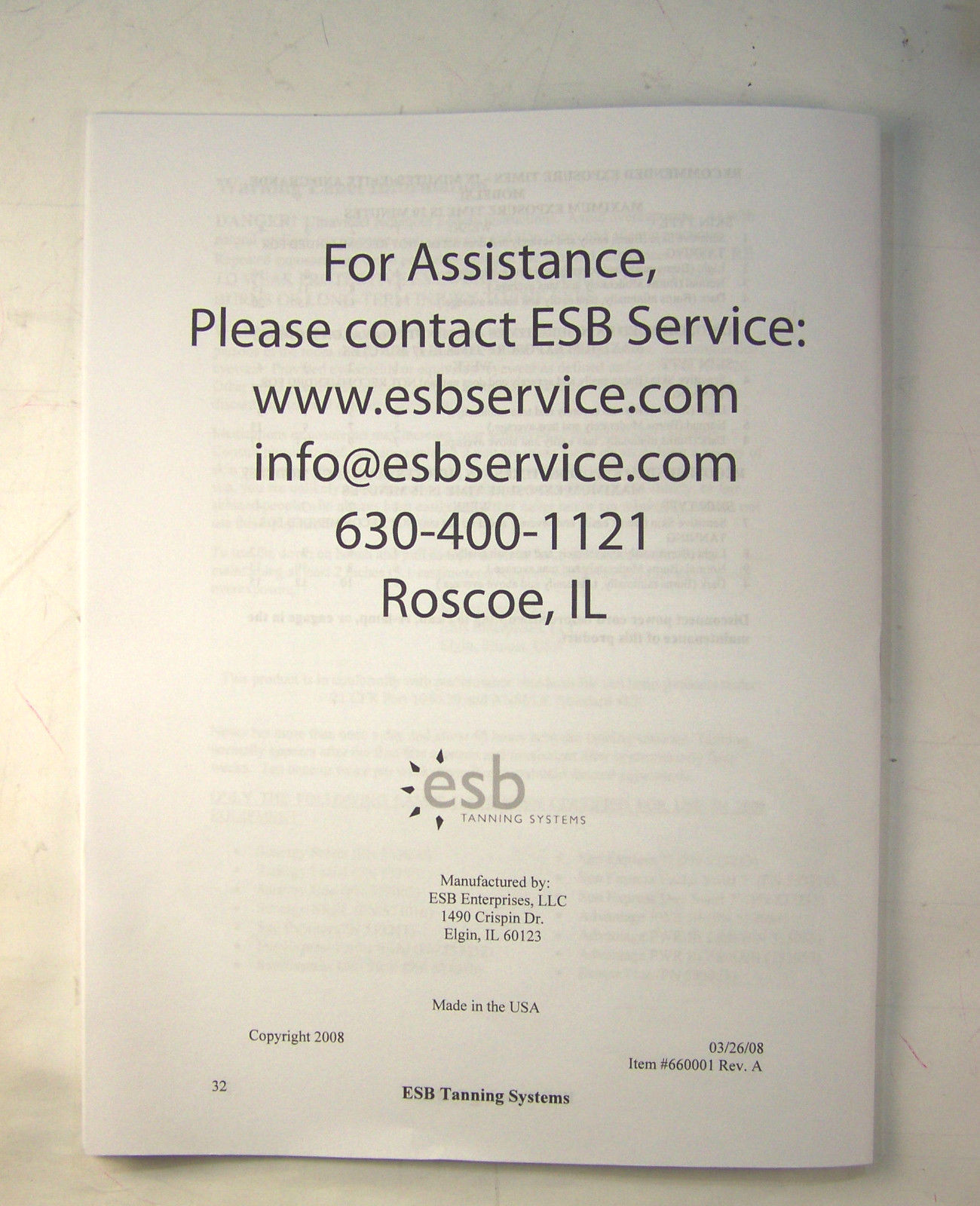 ESB Tanning Bed Service Manual Oasis Avalon Elite Grande PRINTED MANUAL