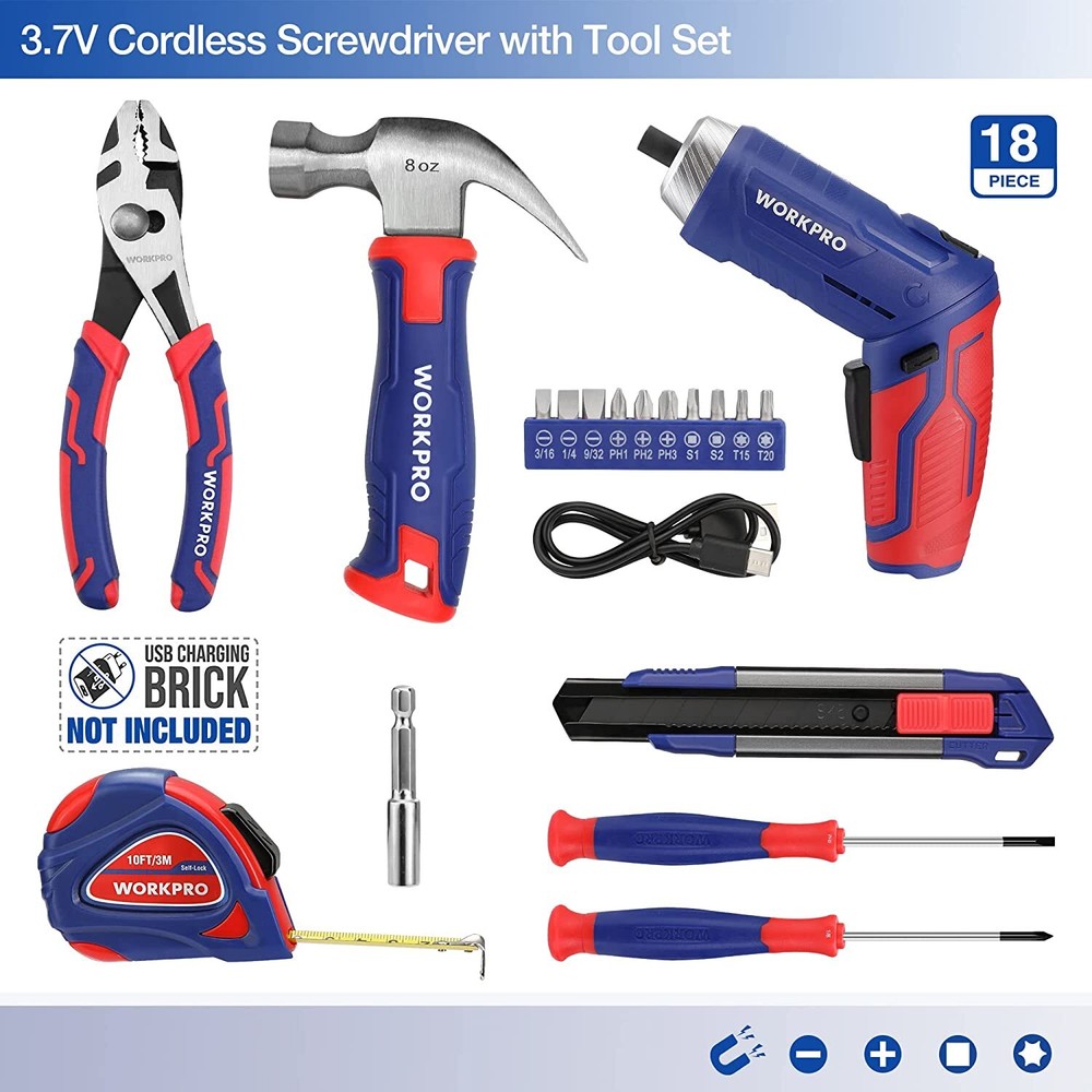 WORKPRO Home Tool Set 3.7V Rotatable Electric Screwdriver 18PC Portable Tool Kit