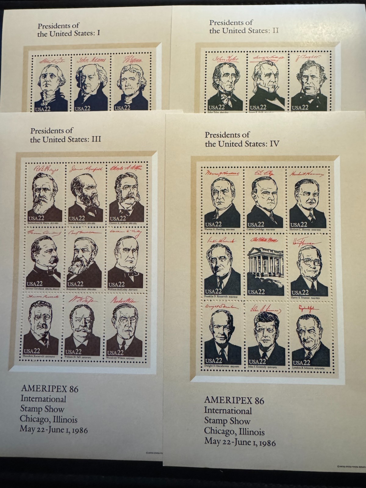 Scott #2216-19 Ameripex Presidents 4 sheets of 22¢ Stamps (1986)