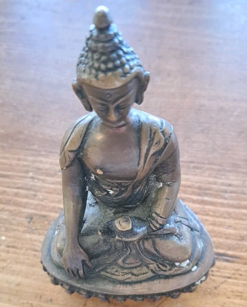 Vintage Handmade Tibetan Buddaha Figurine Bronze/Brass W/Copper Base 5"T