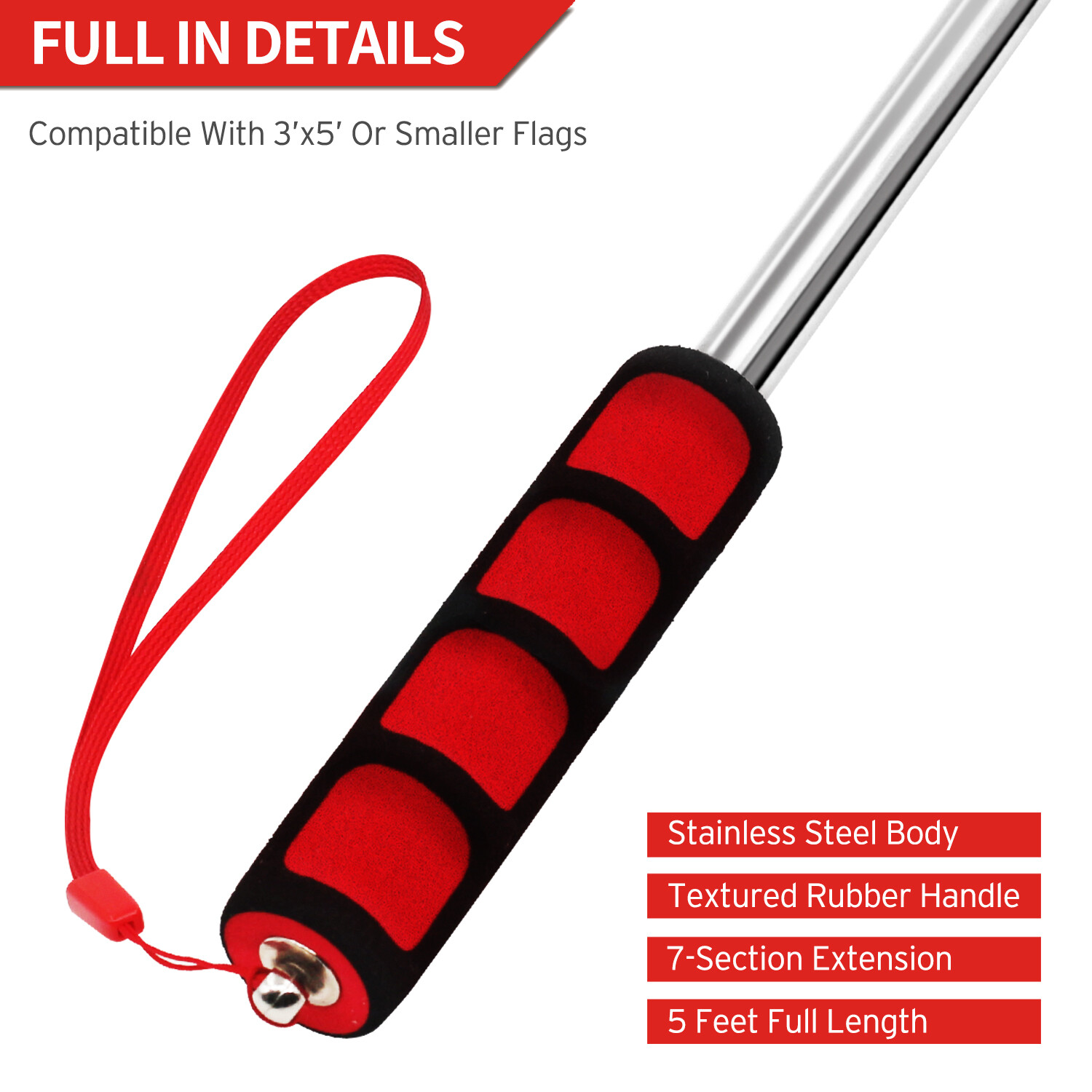 Anley 5 Ft Red Telescopic Handheld Flagpoles - Extendable Collapsable Flag Pole