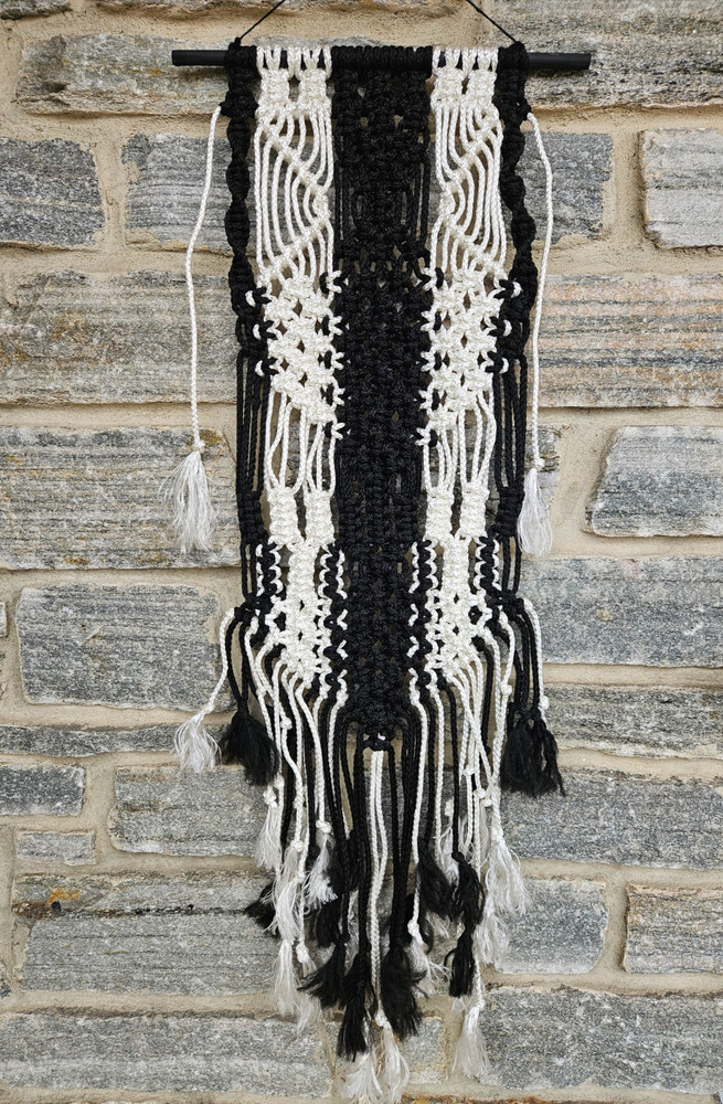 Macrame Wall Hanging 13"x 42" BOHO Style Macrame Wall Decor Black White