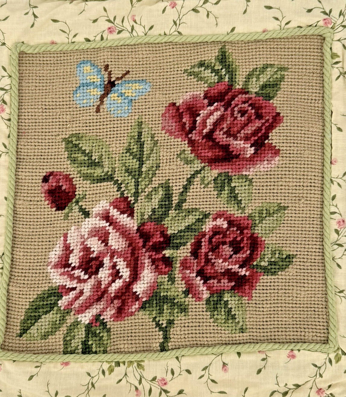 NWT C&F 100% Wool Floral Needlepoint Throw Pillow Cover Green Rose Butterfly 16"