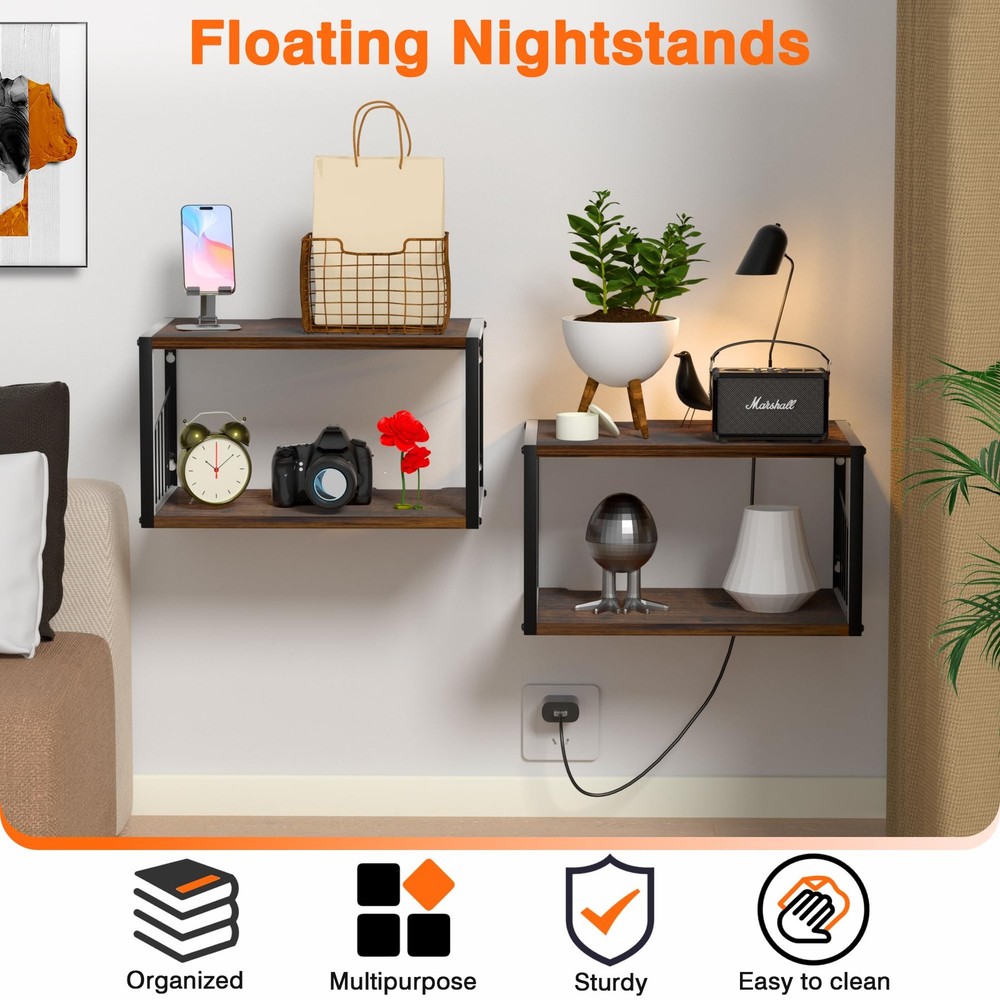 Floating Nightstand, Wood Floating Bedside Table with Cable Hole, Wall Mounte...