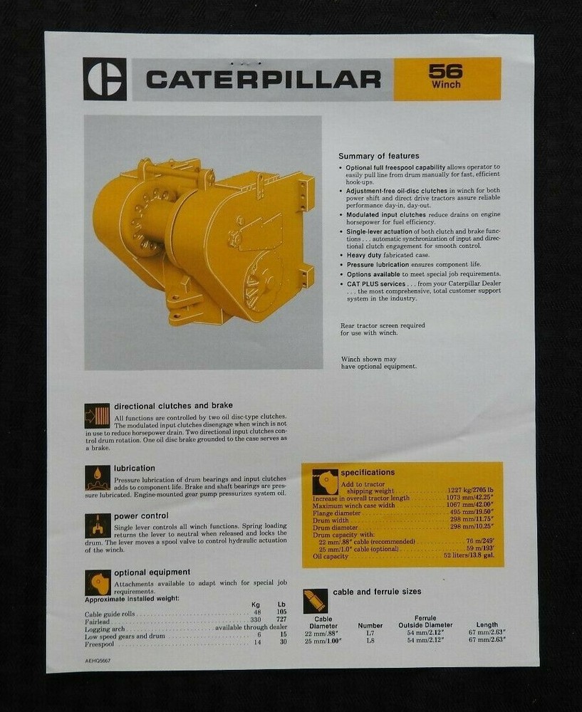 1986 CATERPILLAR TRACTOR "56 WINCH" SPECIFICATIONS BROCHURE
