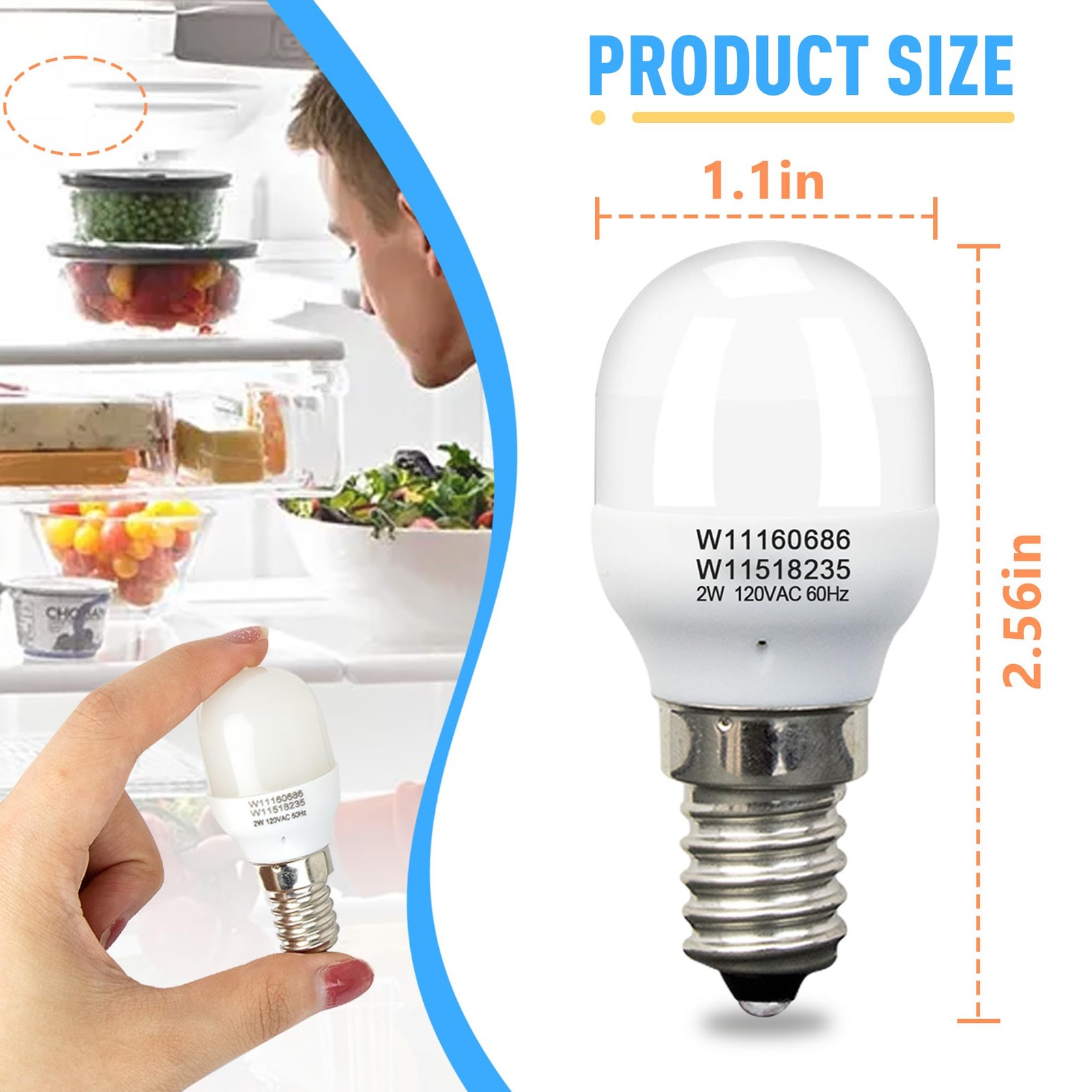 2Pcs W11518235 W11160686 Freezer Light Bulb Replacement for Whirlpool 2 Pack