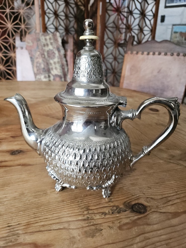 Antique Middle Eastern Moroccan Silver Plated Tea Coffee Pot Signed