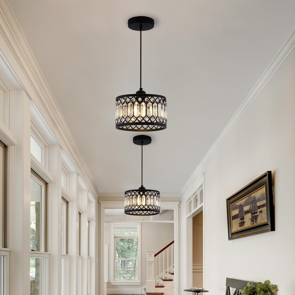 Crystal Black Pendant Light Fixture, Modern Hanging Ceiling Light Adjustable ...