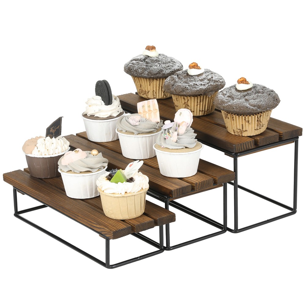 Burnt Solid Wood & Black Metal Wire 3 Tiered Dessert Display Riser Cupcake Stand