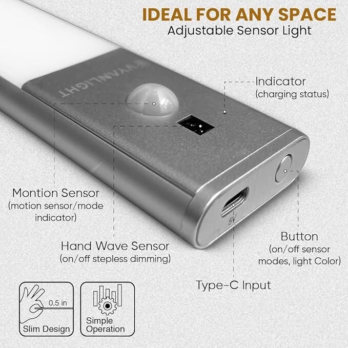 VYANLIGHT Wireless LED Cabinet Light - Motion Sensor, Hand Wave, Rechargeable