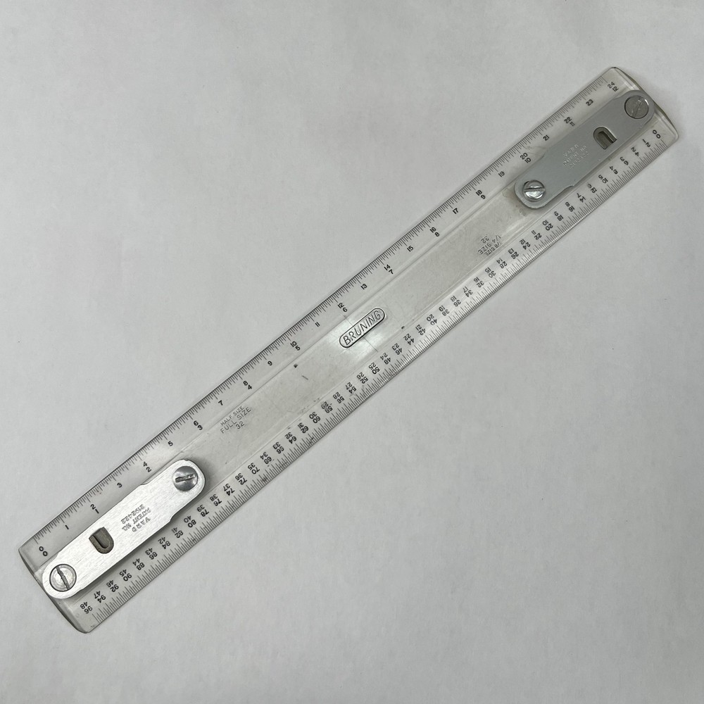 Vintage Bruning Drafting 12-1/2" Machine Scale Ruler Clear Plastic Half Size 32