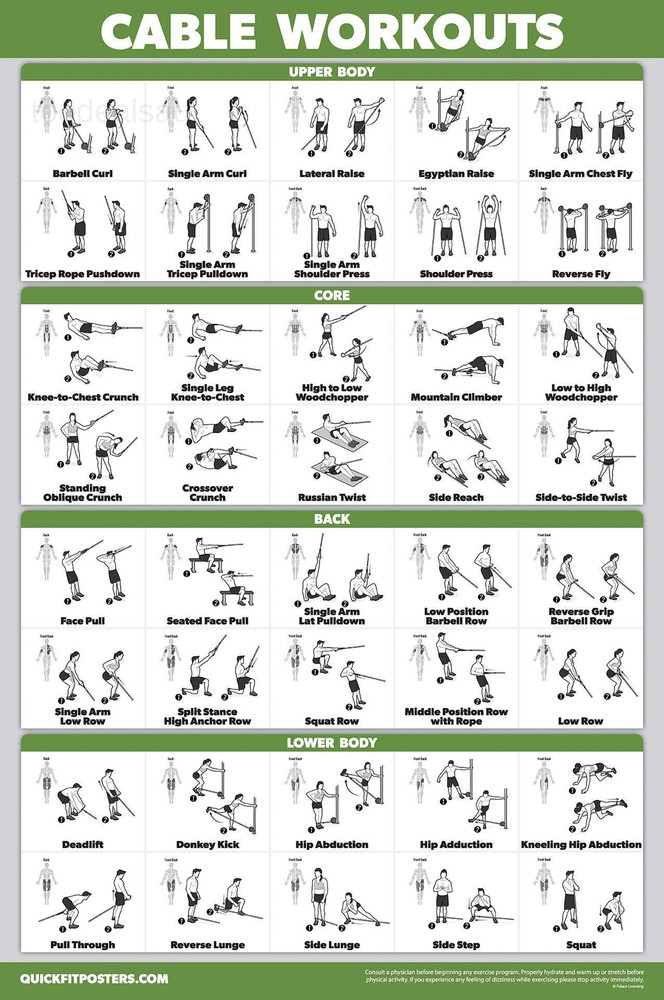 10 Pack - Exercise Workout Poster Set - Cable Machine, 18" x 24", LAMINATED