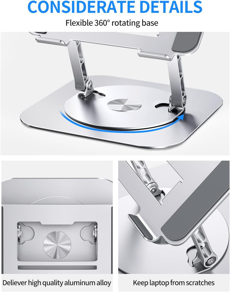 Adjustable Computer Stand with 360 Rotating Base, Ergonimic Foldable Laptop Rise