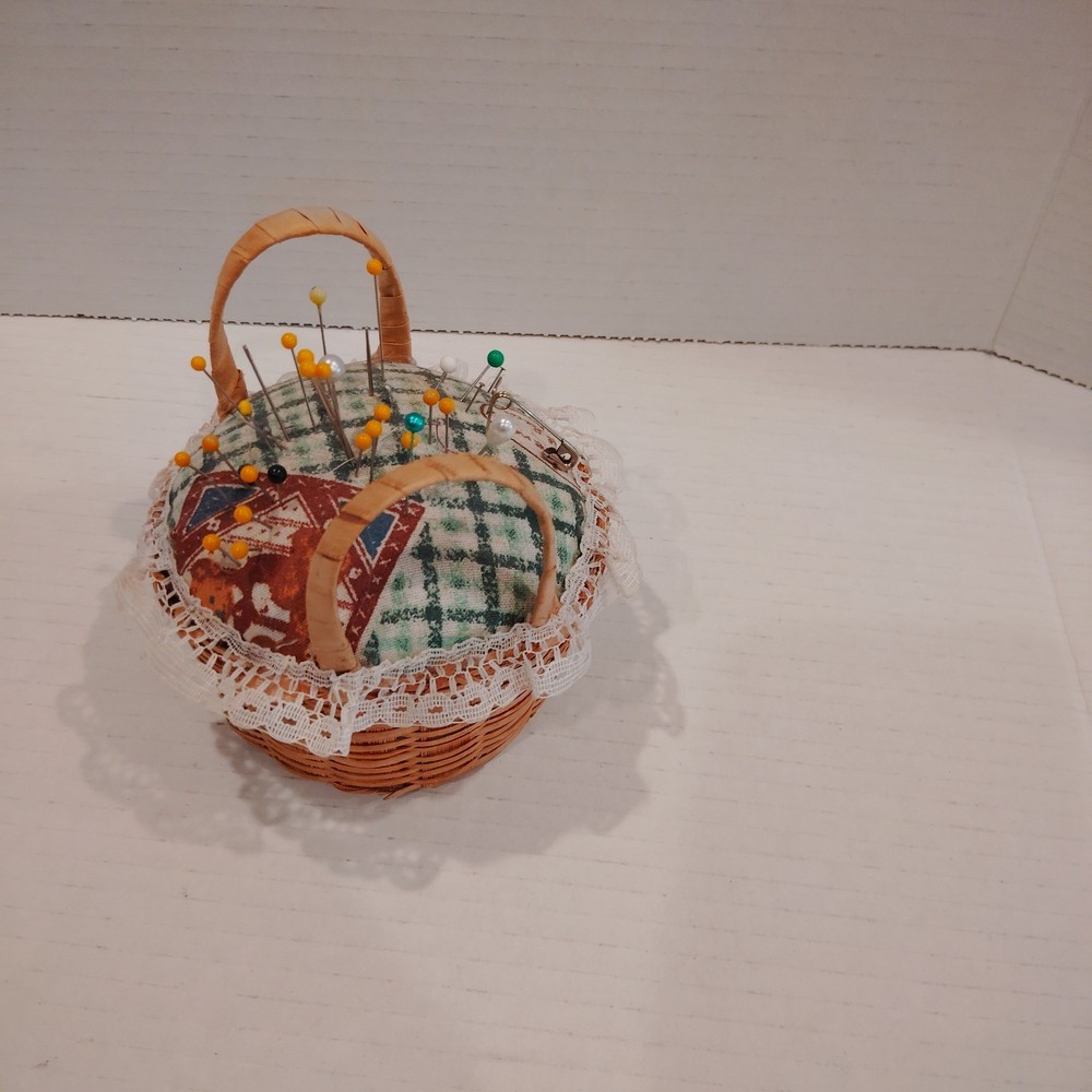Vintage Handmade fabric pin cushion, patchwork pattern and lace trim