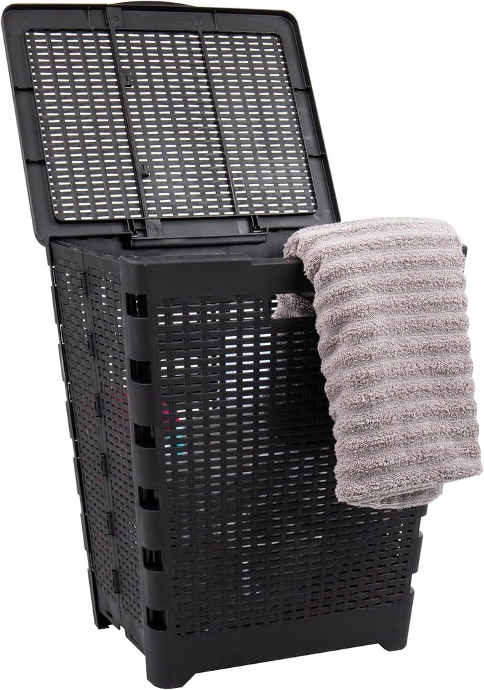 61L Foldable Laundry Hamper Clothes Basket Lid Wicker Design Plastic 18"L x