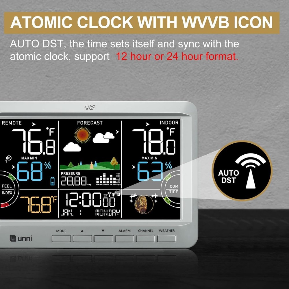 Compact Atomic Clock Weather Station with 330ft Wireless Range and Easy Setup