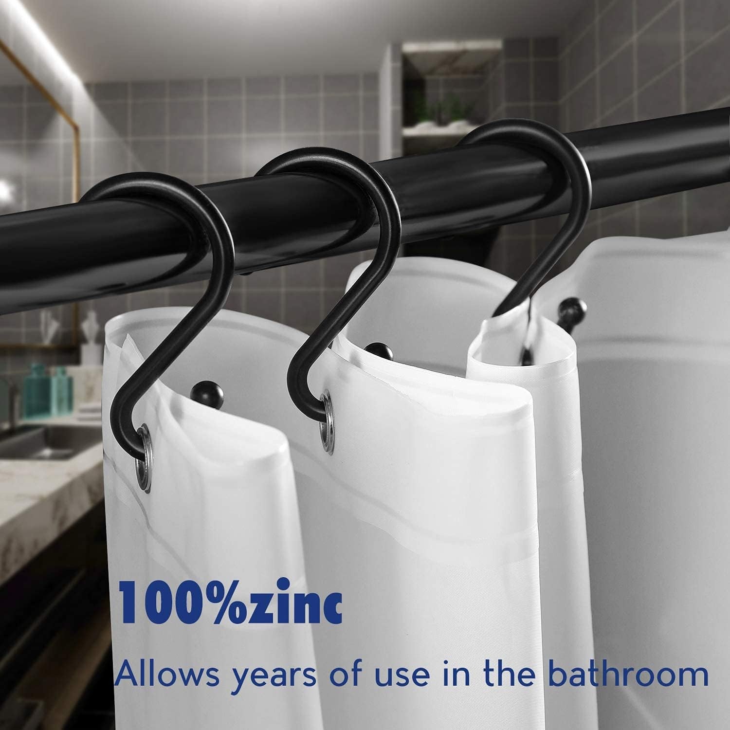 Metal Shower Curtain Hooks，Set of 12 Rings，Rust Resistant S 12PCS, Black