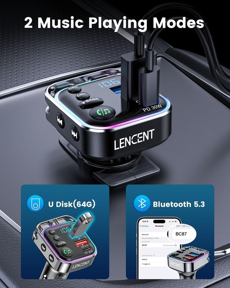 LENCENT Bluetooth 5.3 FM Transmitter Car Adapter 48W PD30W QC18W Fast Charge...