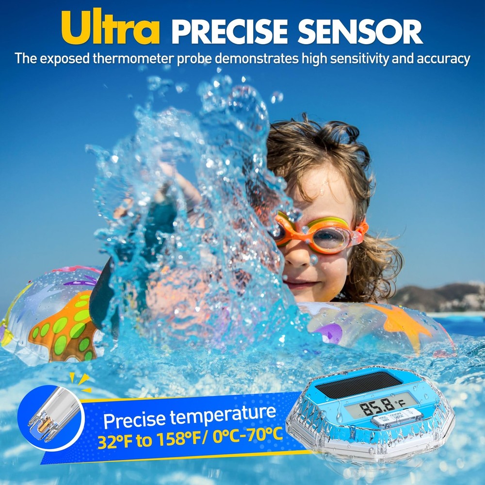 Solar Digital Pool Thermometer Floating Easy Read, Large LCD Light Blue