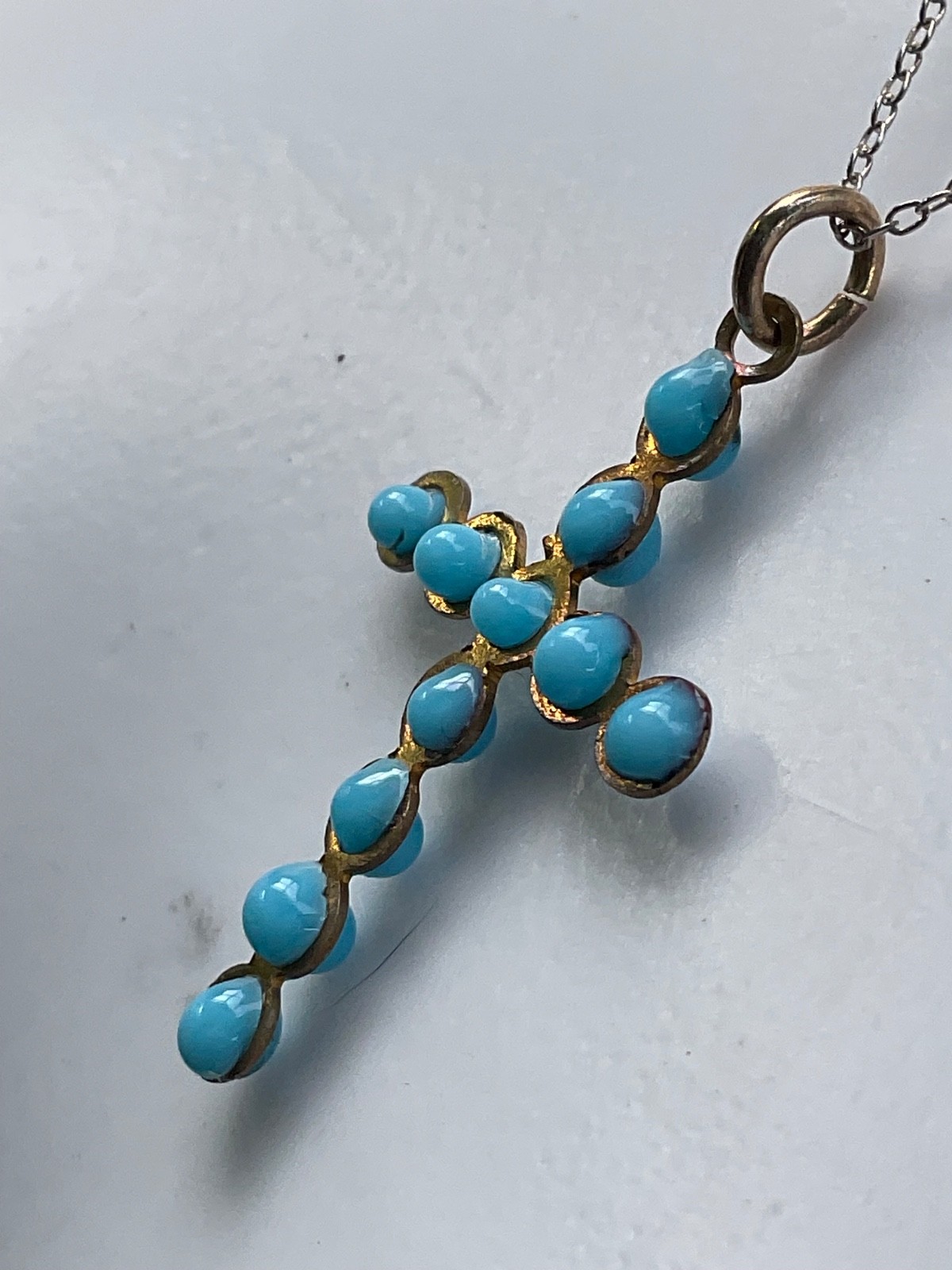 French Antq. Silver~Gold Plate~Sky Blue Glass Enameled Drops Cross~Tres Chic