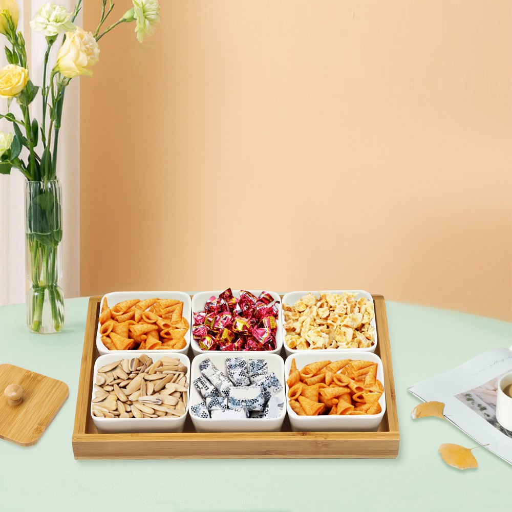 Ceramic Snack Serving Tray Set Square w/ Bamboo Lids & 6 Piece Platter