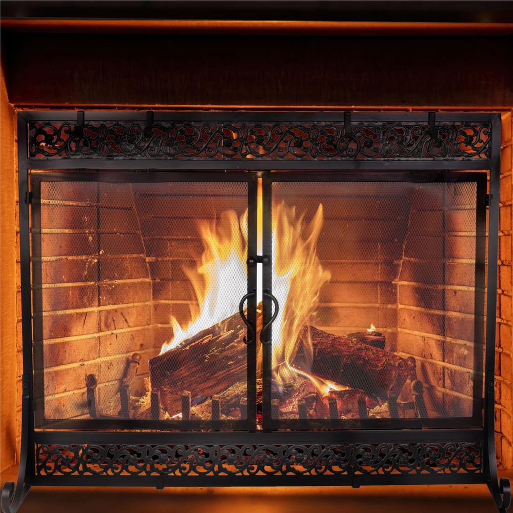 Metal Fireplace Screen Scrollwork Black Design Adjustable Feet Two-Doors