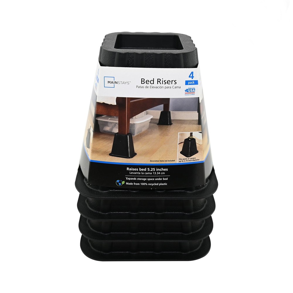Mainstays 4 Pack Black Plastic Bed Risers - 6" Height, Creates Storage Space