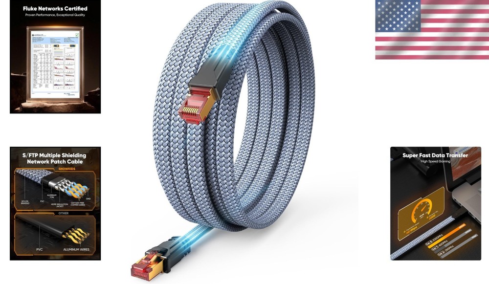 High Speed 80ft Cat 8 Ethernet Cable, 2000MHz Braided Flat Patch Cord