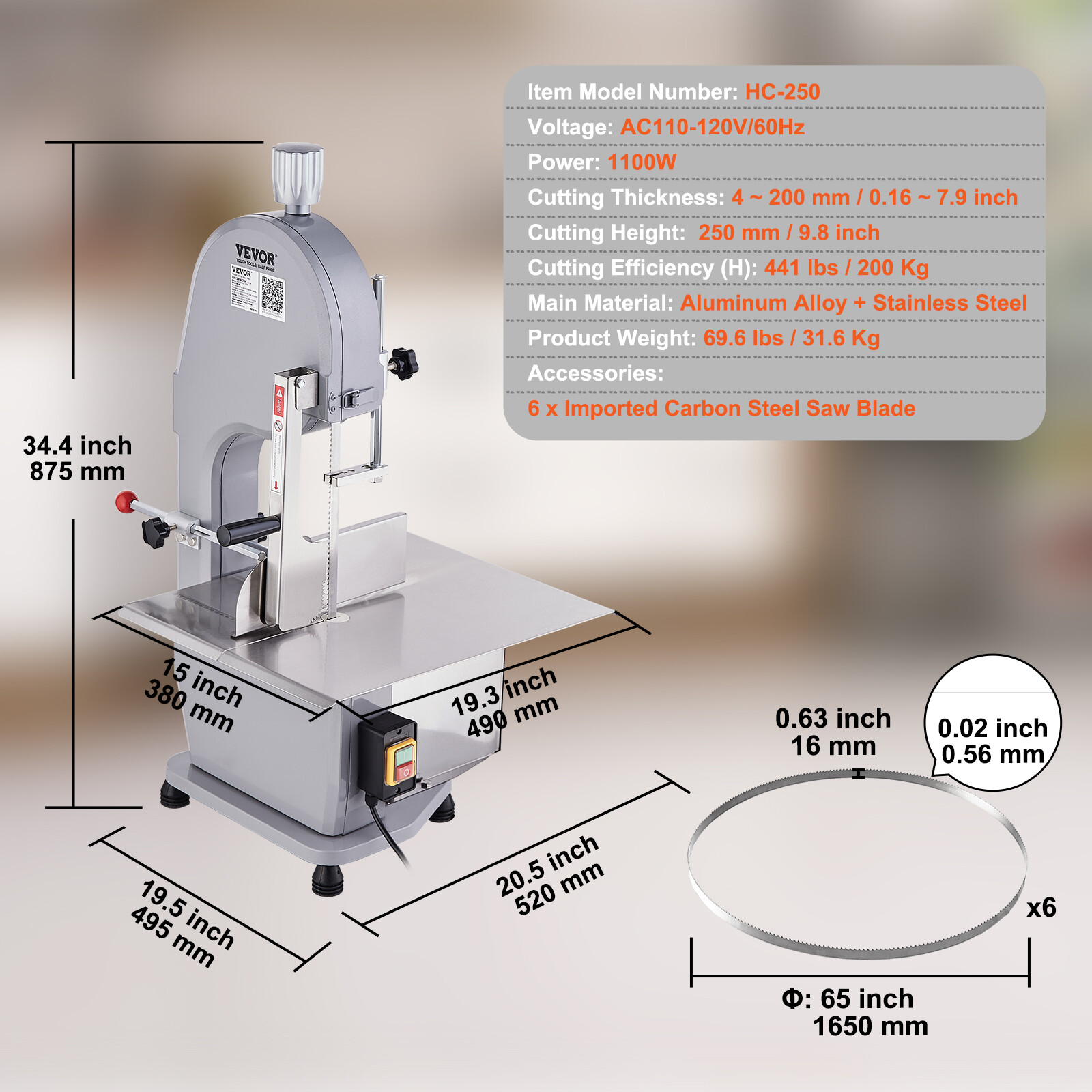 VEVOR 1100W Commercial Bone Cutting Machine Meat Cutter Electric Bandsaw Machine