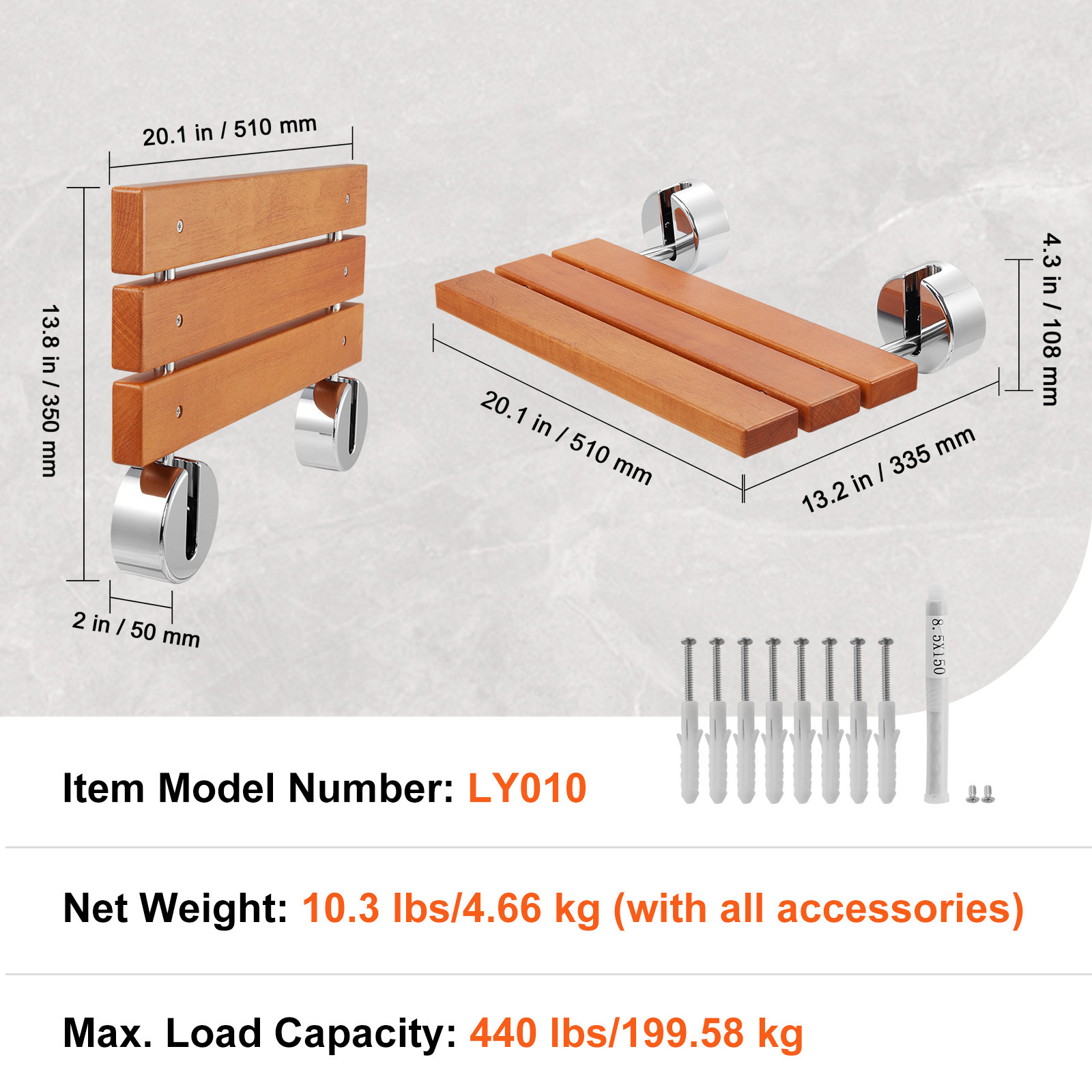 Folding Teak Shower Seat 20.1'' x 13.2'' Wall Mounted Shower Bench 440 lbs