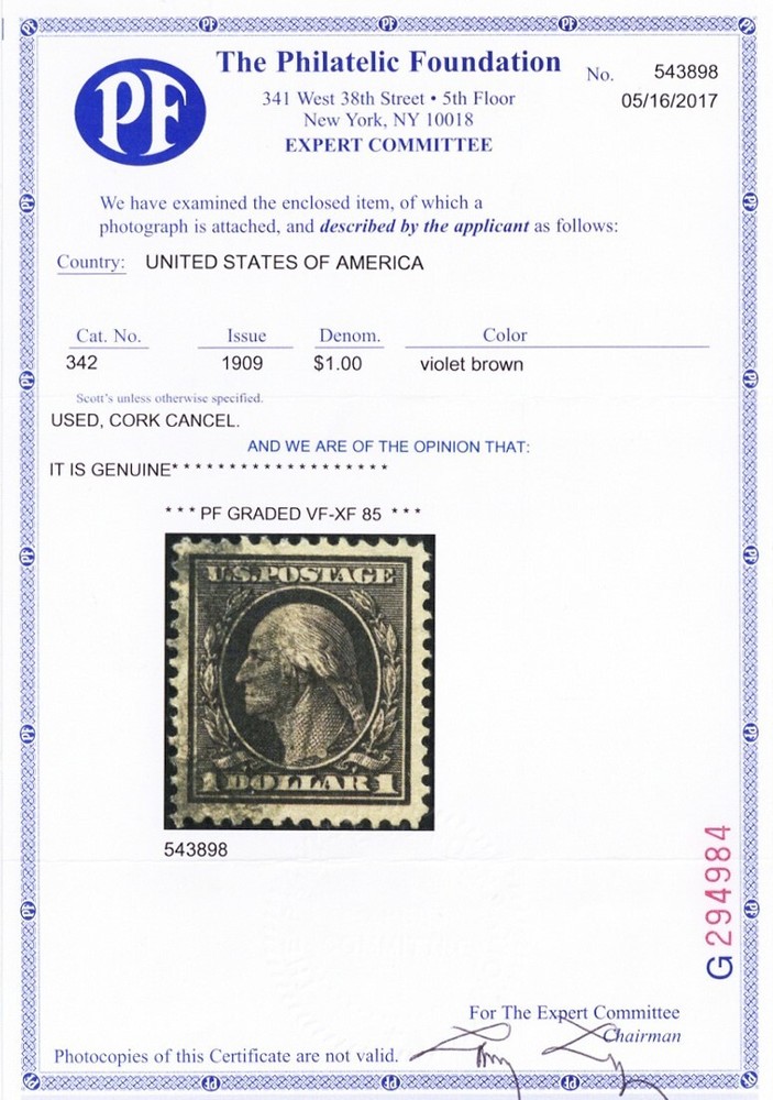342, Used VF/XF - With Graded 85 PFC Certificate - Stuart Katz