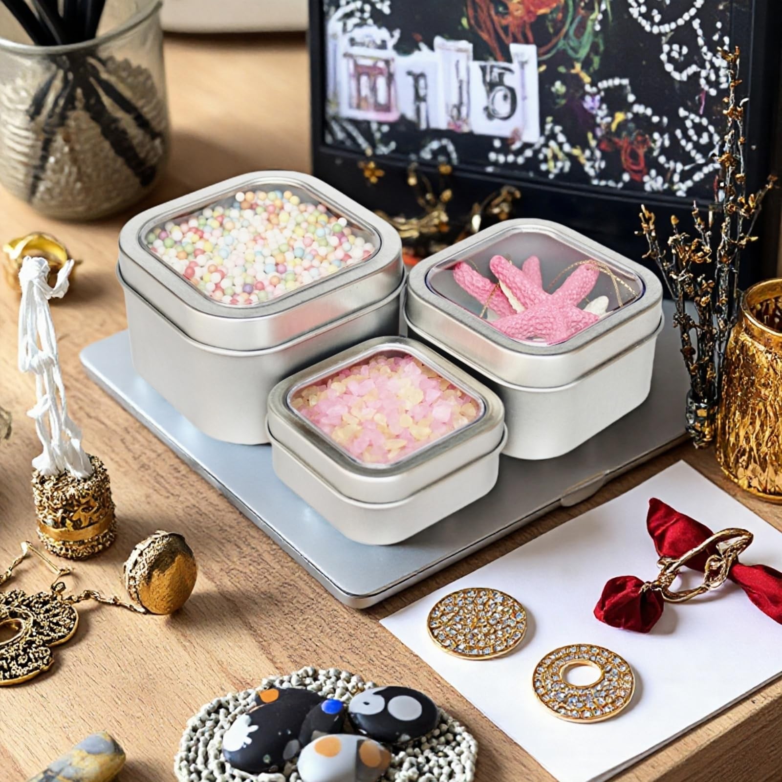 18-Pack Empty Square Silver Metal Tins with Clear Window for Candle Making, C...