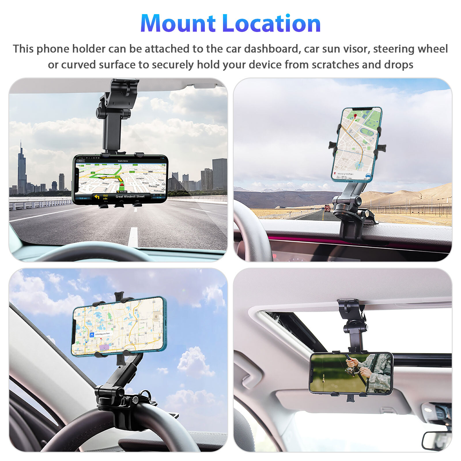 Car Dashboard Stand Universal 360° Cell Phone Clip Holder Steering Wheel Mount
